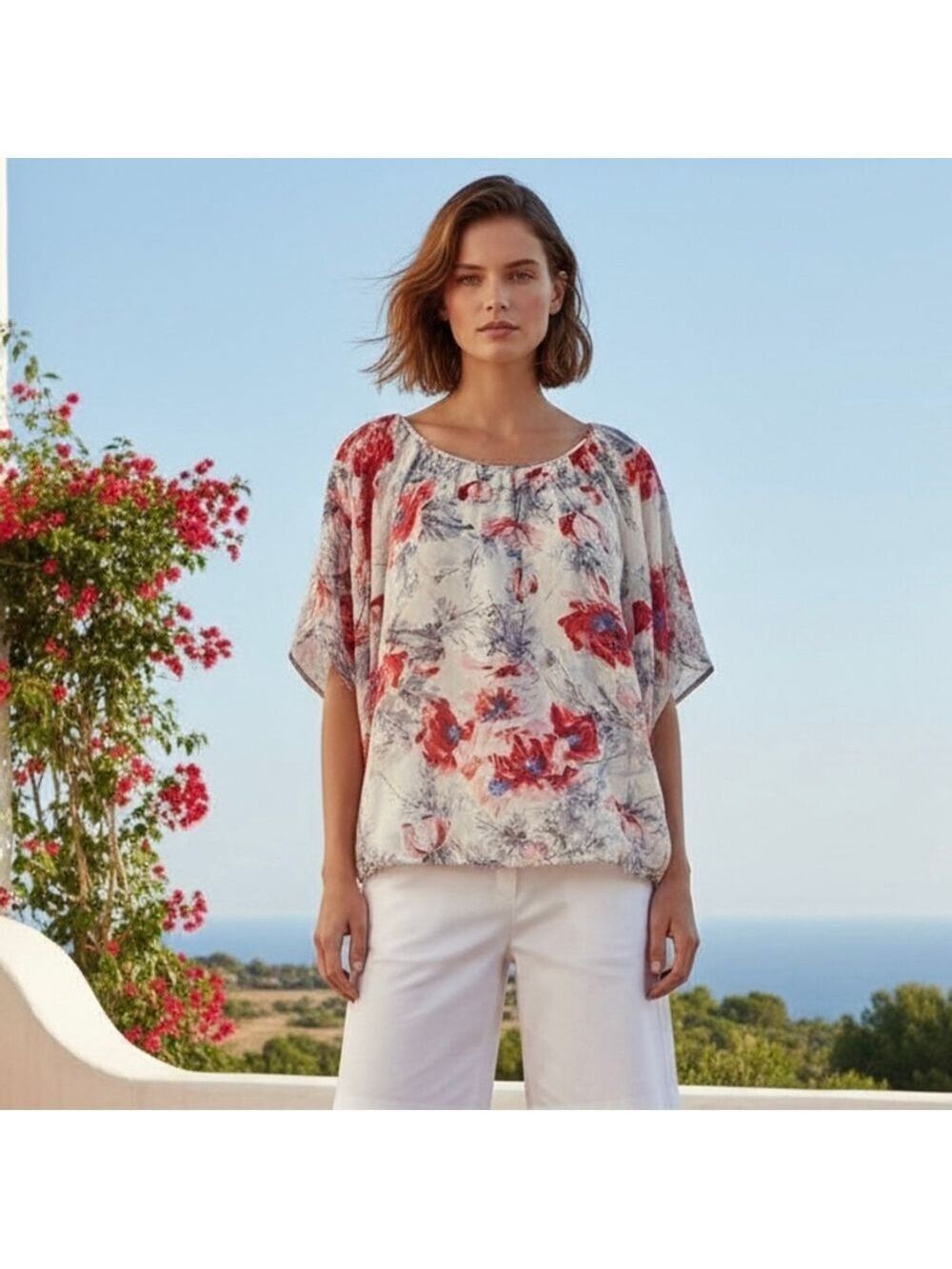 CABI Gypsy Floral 100% Silk Watercolor Dolman Short Sleeve Top Blouse Sz S